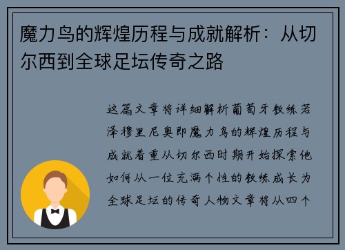 魔力鸟的辉煌历程与成就解析：从切尔西到全球足坛传奇之路