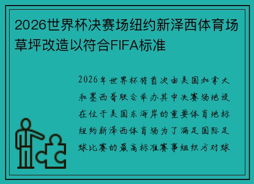2026世界杯决赛场纽约新泽西体育场草坪改造以符合FIFA标准
