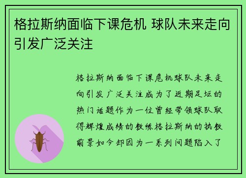 格拉斯纳面临下课危机 球队未来走向引发广泛关注