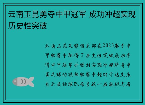 云南玉昆勇夺中甲冠军 成功冲超实现历史性突破